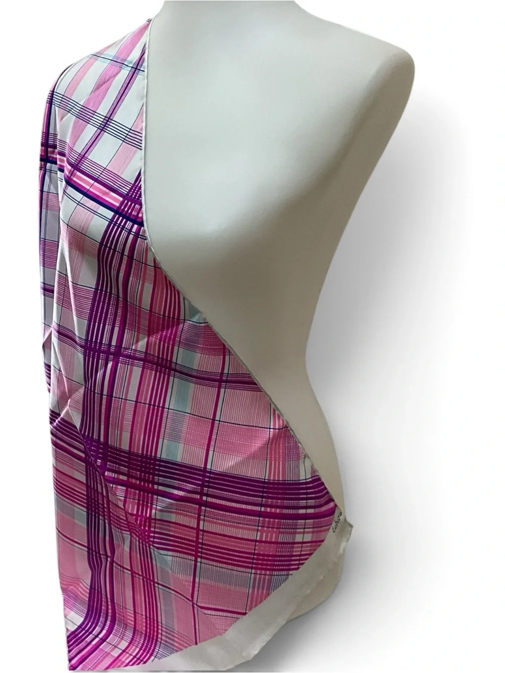 Echo Pink Navy White Plaid Oblong Scarf Fringe Preppy Classic 46” X 15”